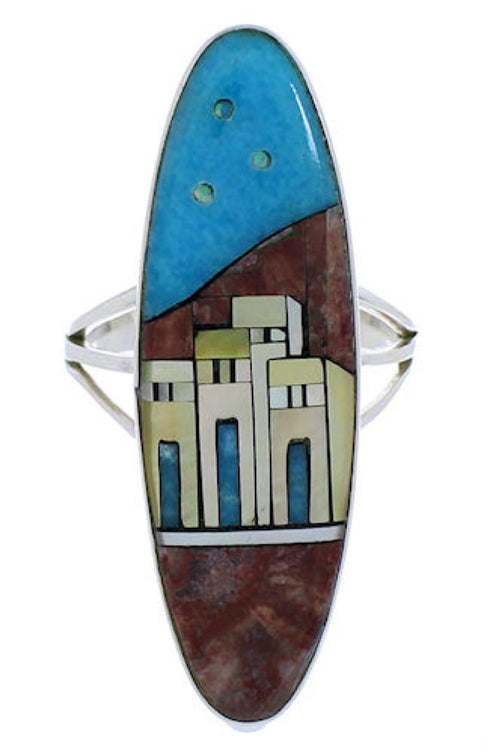 Multicolor Inlay Native American Pueblo Design Ring Size 6-3/4 UX36540